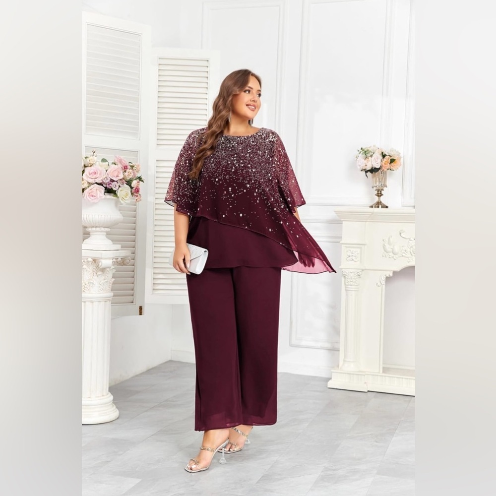 Hanna Nikole Plus Size 2 Piece Ruffle Layer Chiffon Gradient Print - Picture 1 of 8
